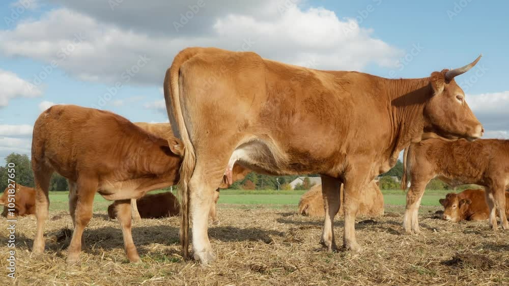 Young calf sucks milk from the udder of a mother cow, licking her ...