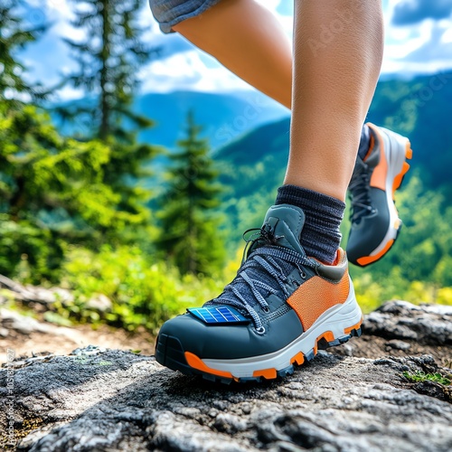 A person trekking over rocks wearing innovative hiking shoes, surrounded by a breathtaking natural landscape.