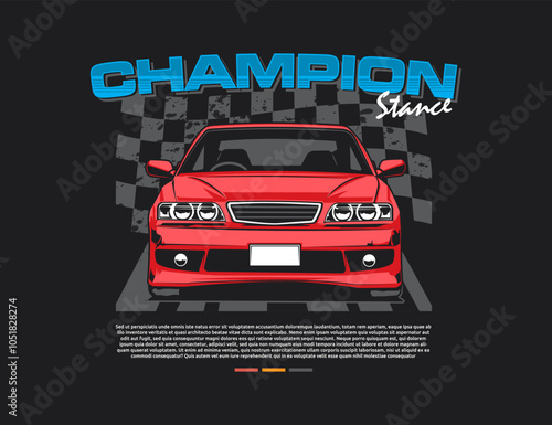 vector illustration for 90s automotive enthusiast with head of red car with background graphic