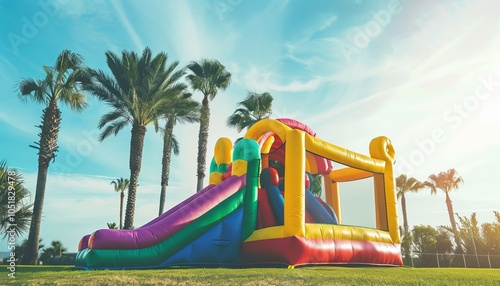 Wallpaper Mural Rainbow Oasis: A Vibrant Bounce House Paradise for Kids Among Palm Trees Torontodigital.ca