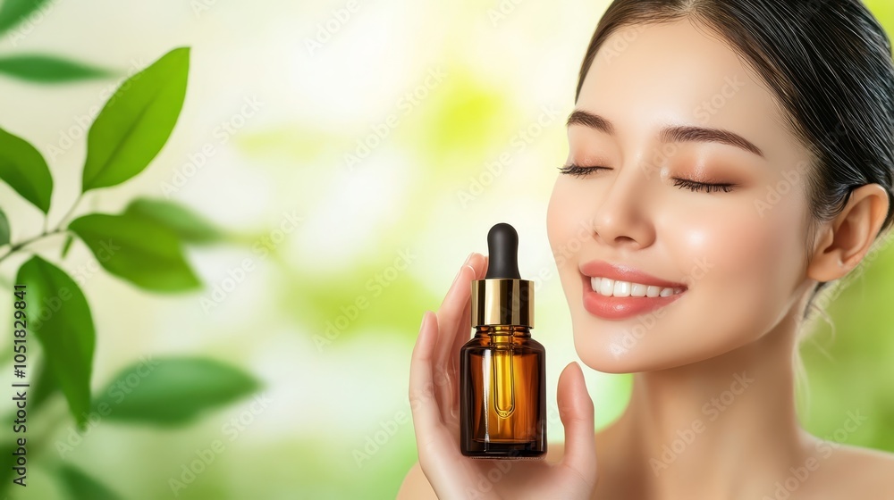 Fototapeta premium Woman Holding Dropper Bottle of Facial Serum with Natural Green Background