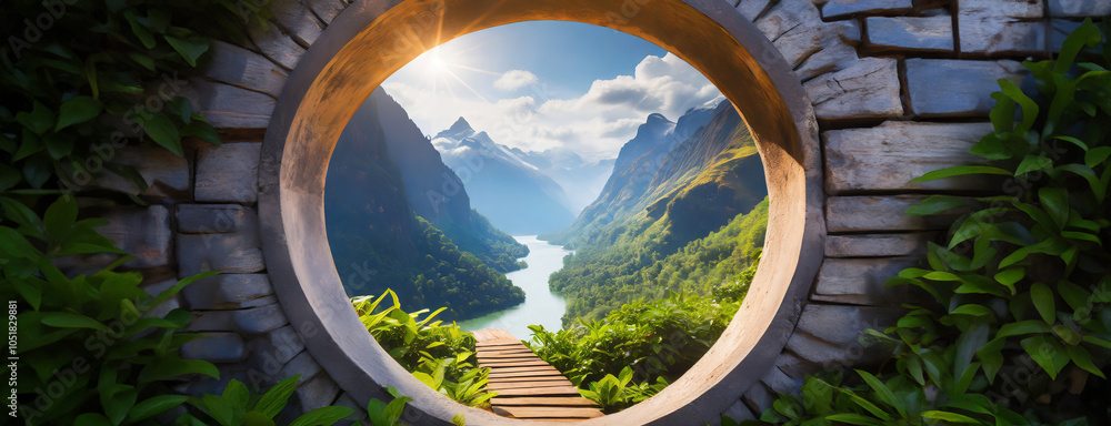 Mountain valley and river viewed through circular stone gate with lush green plants around