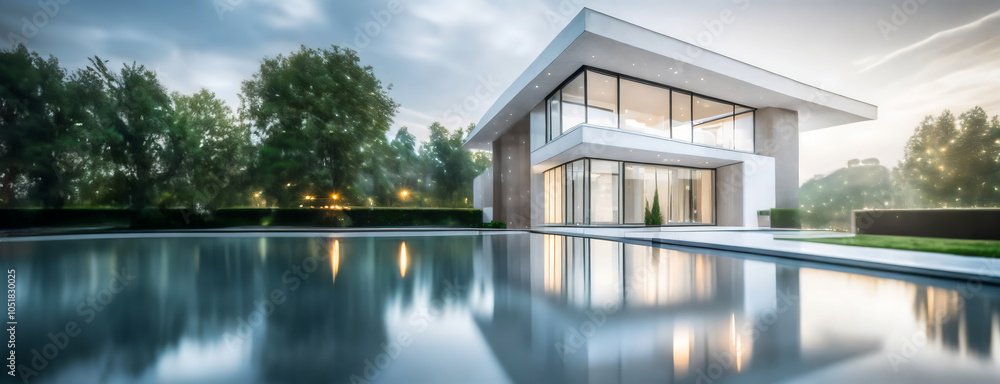 Modern glass-walled house surrounded by lush greenery and reflected in a still, expansive pool under a cloudy sky