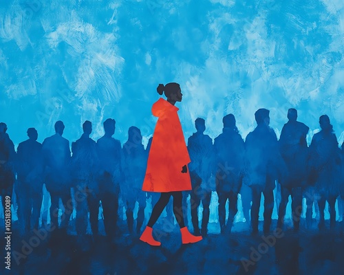 Red silhouette of an individual confidently leading, surrounded by a crowd of blue silhouettes, representing uniqueness and leadership, bold and striking imagery photo