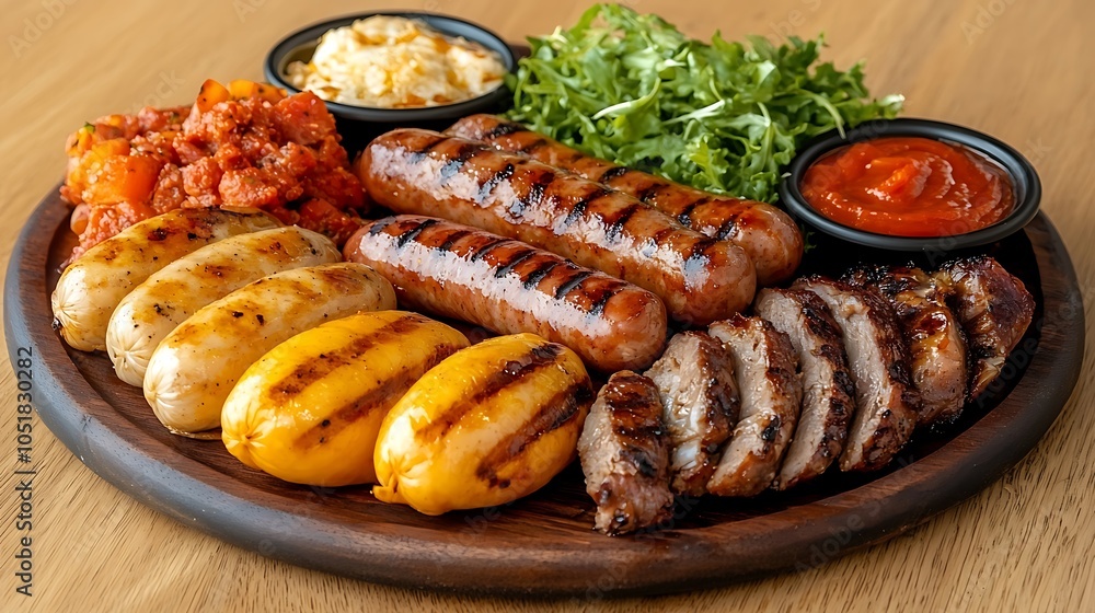 Sizzling grilled sausages and meats served on a rustic wooden platter with fresh vegetables and sauces for a perfect meal experience Sizzling grilled sausages and meats served on a rustic wooden platter with fresh vegetables and sauces for a perfect meal experience