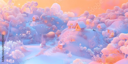 Whimsical village nestled in swirling pastel hills. Dreamlike landscape with soft colors and a sense of magic. photo