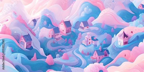 Whimsical village nestled in swirling pastel hills. Dreamlike landscape with soft colors and a sense of magic. photo