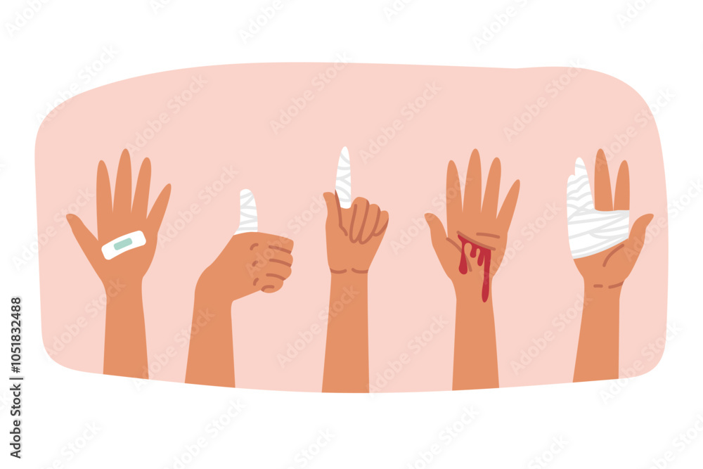 Wounded hands and fingers are wrapped in bandages or covered with adhesive tape. Wounded hands with traces of first medical aid, to avoid blood poisoning and entry of bacteria that cause gangrene