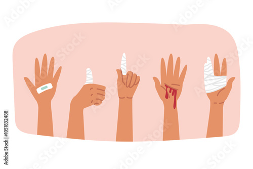 Obraz na płótnie Wounded hands and fingers are wrapped in bandages or covered with adhesive tape. Wounded hands with traces of first medical aid, to avoid blood poisoning and entry of bacteria that cause gangrene w salonie