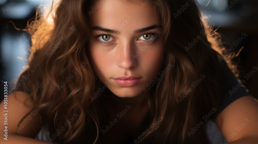Close-up of the face of a European woman, emphasizing the eyes, the color of her eyes and the sunlight hitting her face. Close-up of the face of a European woman, emphasizing the eyes, the color of her eyes and the sunlight hitting her face.
