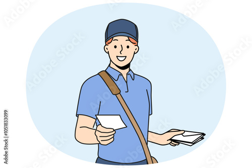 Guy works as postman and with smile holds out envelope with letter to screen, offering to use delivery correspondence. Man in postman clothes makes career in courier service or national postal company