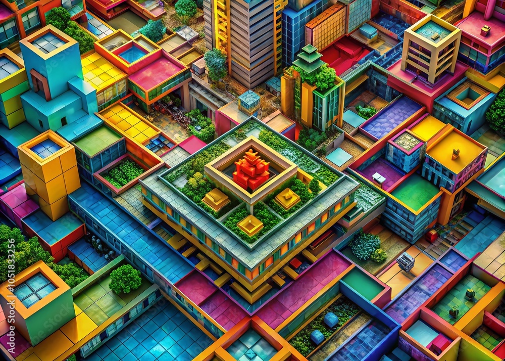 Fototapeta premium Abstract Colorful Isometric Geometric Shapes with Architectural Background for Modern Design Projects