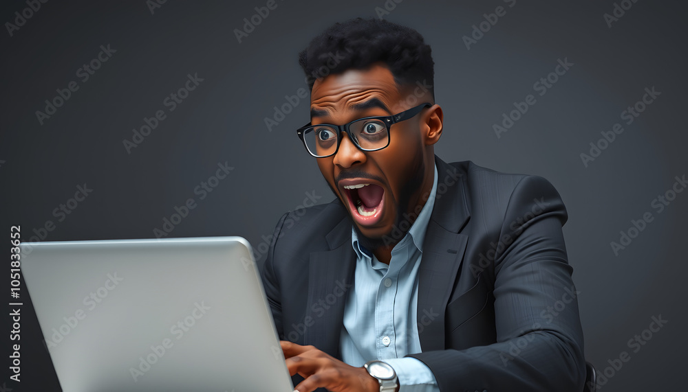 Young african american businessman using computer laptop scared in shock with a surprise face, afraid and excited with fear expression isolated with white highlights, png Young african american businessman using computer laptop scared in shock with a surprise face, afraid and excited with fear expression isolated with white highlights, png