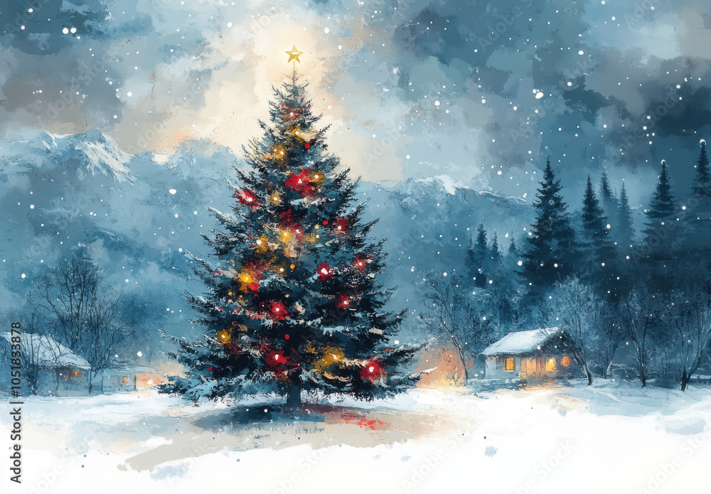 Winter wonderland christmas scene with snow-covered trees and cozy cabins Winter wonderland christmas scene with snow-covered trees and cozy cabins