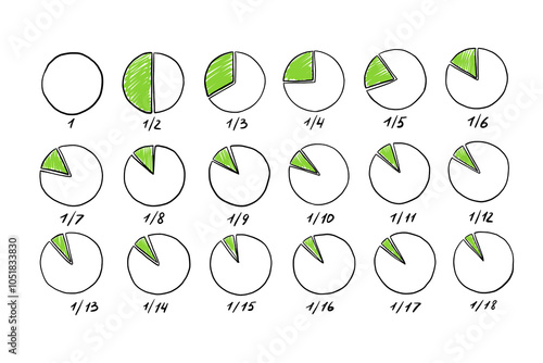 Circular hand drawn chart for infographic, pie or pizza slice. Wheel division into fractions, circular shape sectors. Vector doodles
