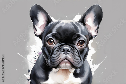 Black French Bulldog Portrait Digital Watercolor Art with Paint Splatter Effect Modern Pet Illustration for Home and Office Decor photo