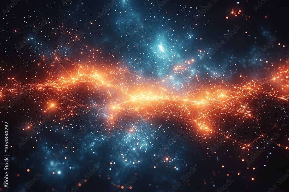 Fototapeta premium Abstract cosmic background with glowing nebulae in blue and orange tones.