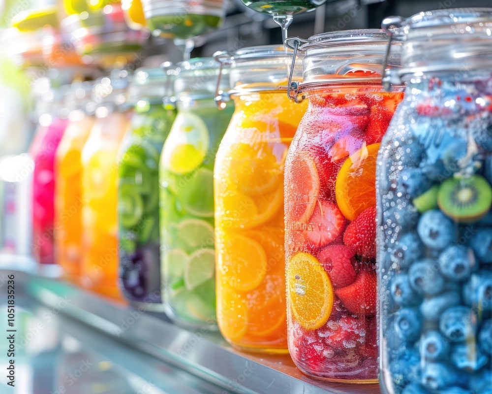 A vibrant display of colorful fruit-infused jars, showcasing an array of fresh fruits in sparkling water, ideal for refreshing beverages. A vibrant display of colorful fruit-infused jars, showcasing an array of fresh fruits in sparkling water, ideal for refreshing beverages.