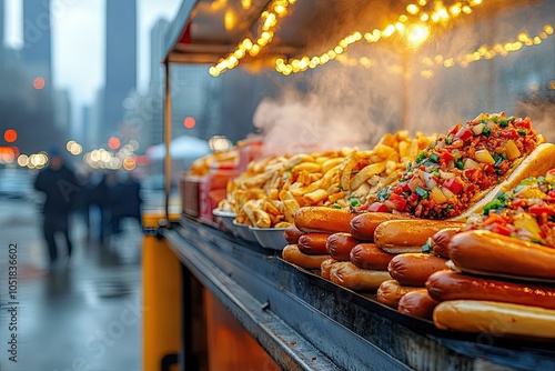 Hot dogs and fries on a food cart. A perfect image for a blog post about street food, city life, or fast food. photo