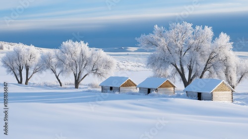 Snow-covered beehives line the edge of a winter forest, glowing in morning light under a clear blue sky