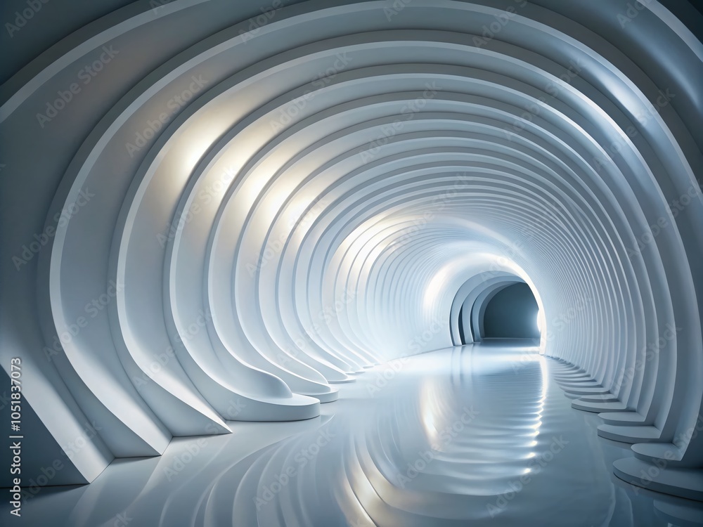 Abstract White Tunnel Room with Wave Lines Pattern in Low Light - 3D Illustration Abstract White Tunnel Room with Wave Lines Pattern in Low Light - 3D Illustration