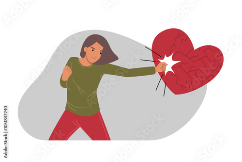 Woman breaks heart with decisive blow, showing cruelty in love relationship with boyfriend. Girlfriend breaks heart as metaphor for lack of sympathy for partner or cheating on one fiance
