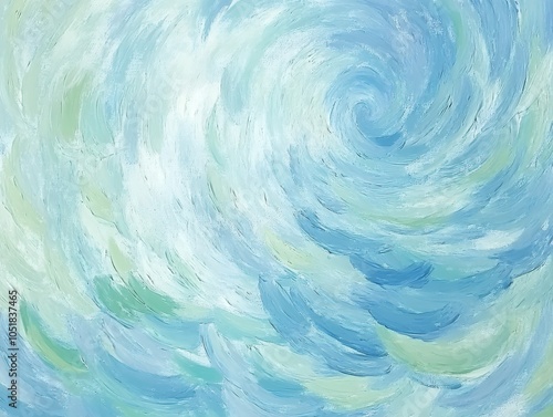 Abstract swirling brushstrokes in blue, white, and green tones. Textured oil painting style. Design for wallpaper, poster, banner, print