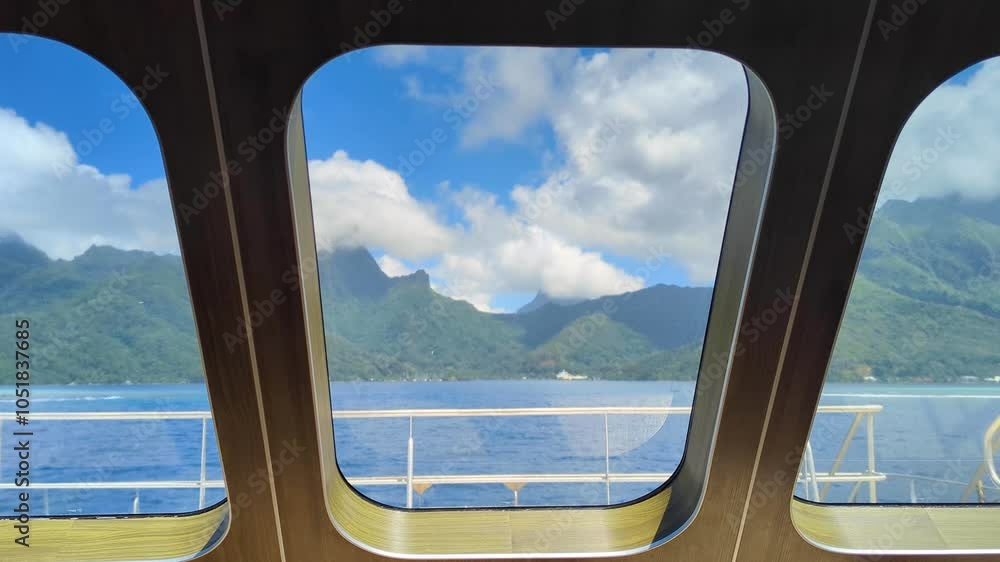 Ocean and lagoon view through passenger ferry traveling from Tahiti to Moorea Island in French Polynesia, South Pacific Ocean and lagoon view through passenger ferry traveling from Tahiti to Moorea Island in French Polynesia, South Pacific
