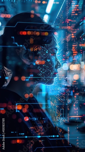 A digital portrait of a woman with a data overlay, symbolizing technology, artificial intelligence, and innovation in a modern, illuminated environment.