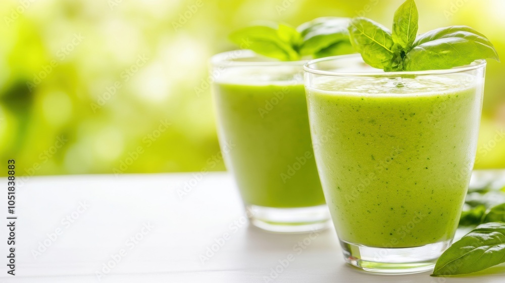 Two refreshing green smoothies garnished with fresh basil leaves on a bright background, AI Two refreshing green smoothies garnished with fresh basil leaves on a bright background, AI