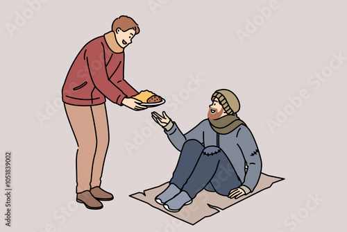 Human feeds homeless man to save poor person from starvation or freezing on street. Guy hands plate of food to homeless man, showing kindness and empathy, to bankrupt and fired male