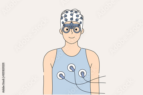 Health diagnostics for man connected to sensors of medical equipment for heart card and brain ecg