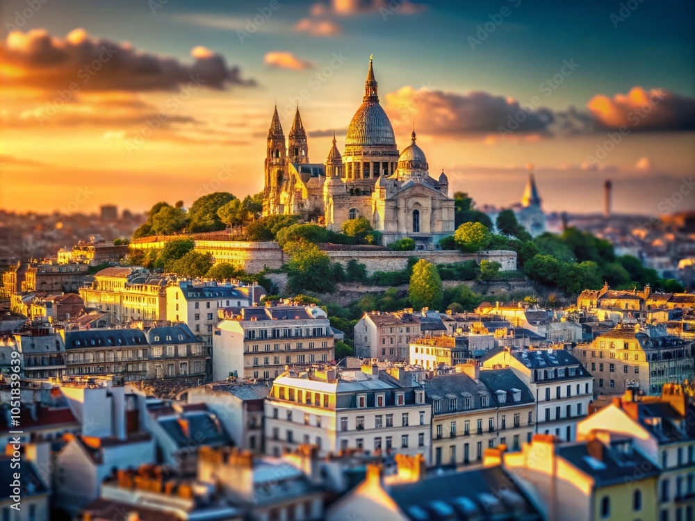 Obraz premium Aerial Tilt-Shift View of Paris at Sunset Featuring Montmartre and Sacre-Coeur Basilica