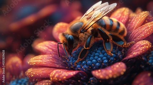 Close-up of a Honeybee Gathering Pollen on a Red Flower photo