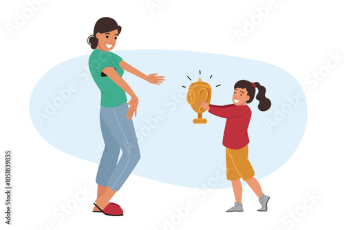 Little girl brings trophy to happy mother rejoicing at child success in education or school. Child prodigy received gold trophy for talent and superiority over classmates from junior school.