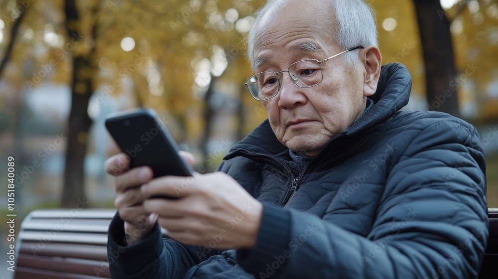 Image of an elderly Asian man holding a mobile phone, looking at the screen with interest, in a home atmosphere, showing the use of technology by the elderly who are retired from work. Image of an elderly Asian man holding a mobile phone, looking at the screen with interest, in a home atmosphere, showing the use of technology by the elderly who are retired from work.