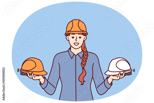 Woman foreman of construction company holds protective helmets for workers urging them to observe safety precautions in workplace. Girl with protective helmets for being in factory or plant
