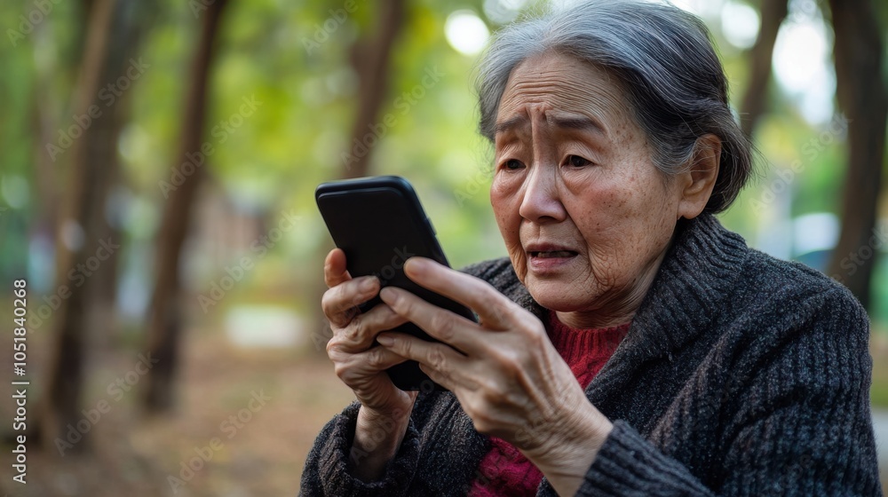 Image of an elderly Asian women holding a mobile phone, looking at the screen with interest, in a home atmosphere, showing the use of technology by the elderly who are retired from work. Image of an elderly Asian women holding a mobile phone, looking at the screen with interest, in a home atmosphere, showing the use of technology by the elderly who are retired from work.