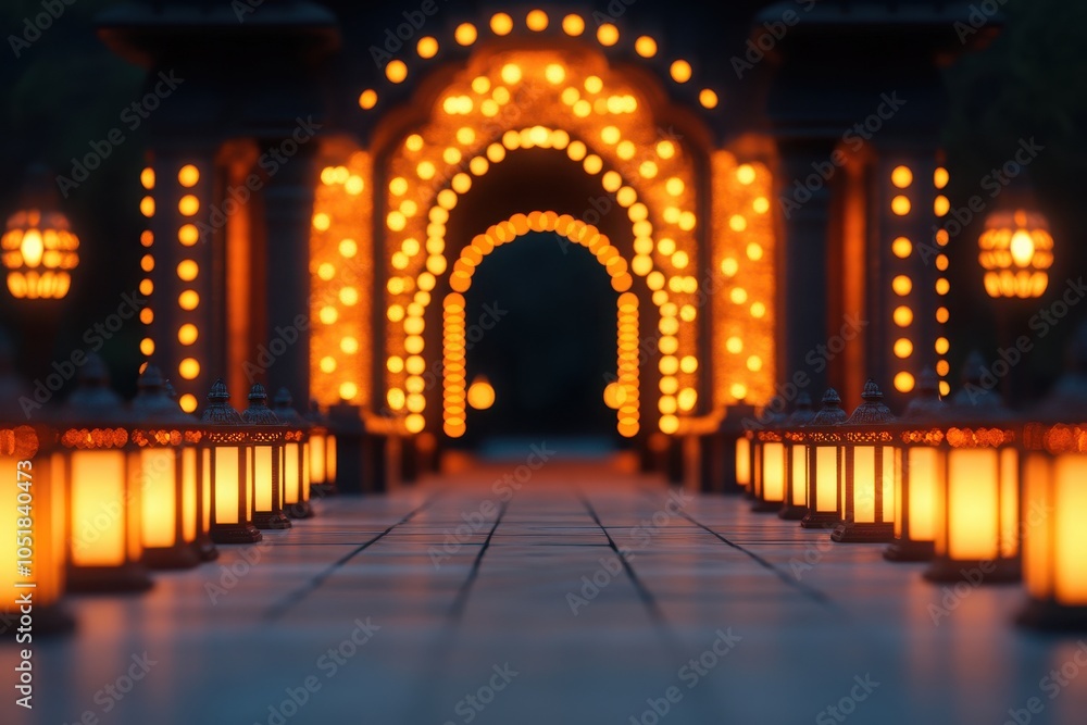 Obraz premium A stunning archway illuminated by warm lights, creating a magical pathway filled with lanterns, perfect for nighttime events.