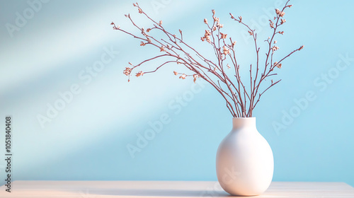 Minimalist Ceramic Vase with Dried Branches on Light Wooden Table