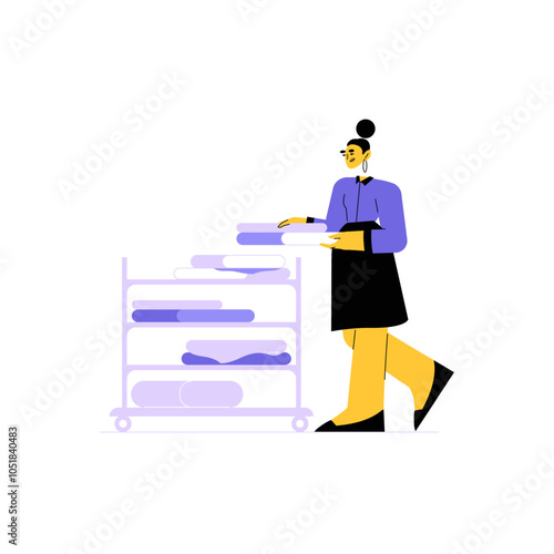 Laundry Worker Organizing Folded Clothes On Rack In Flat Vector Illustration Symbolizing Laundry Service, Organization, And Workplace Efficiency, Isolated On White Background