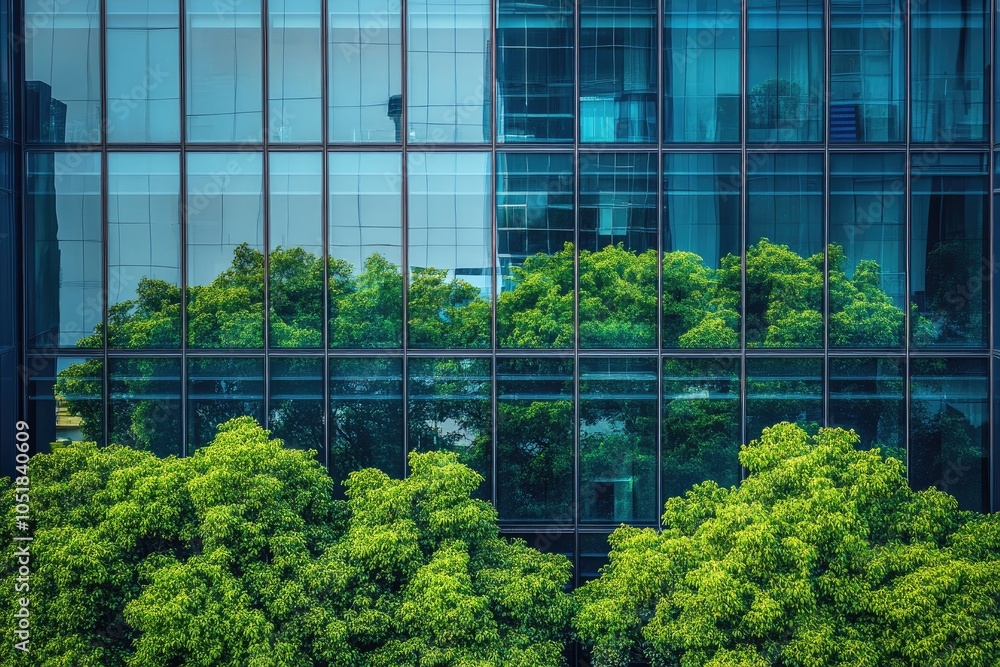 Glass building reflecting lush greenery. A photo that is perfect for representing urban green spaces, sustainable architecture, or corporate responsibility initiatives. Glass building reflecting lush greenery. A photo that is perfect for representing urban green spaces, sustainable architecture, or corporate responsibility initiatives.