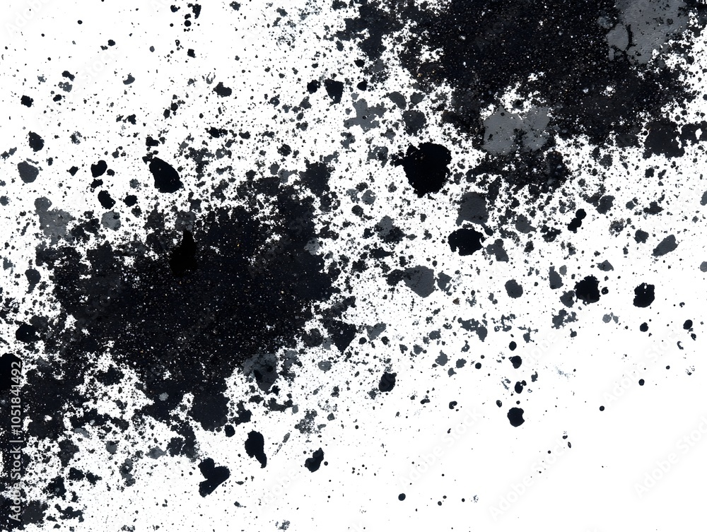 Abstract black ink splatter on a white background, suitable for artistic or design purposes. Abstract black ink splatter on a white background, suitable for artistic or design purposes.