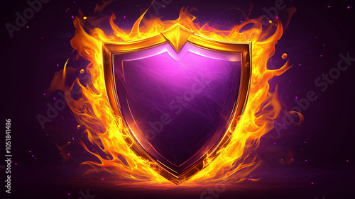 Stylized Shield with Flames on Purple Background