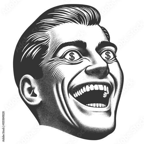 man with excited expression and dollar signs in his eyes, symbolizing greed or financial ambition sketch engraving generative ai vector illustration. Scratch board imitation. Black and white image.