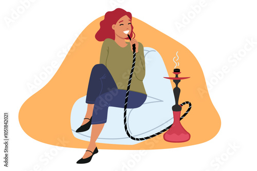 Woman smokes hookah, sits on pad in bar and relaxes after work, enjoying idleness. Girl smokes hookah with tobacco and fruit additives, becoming addicted to turkish substitute for cigarettes