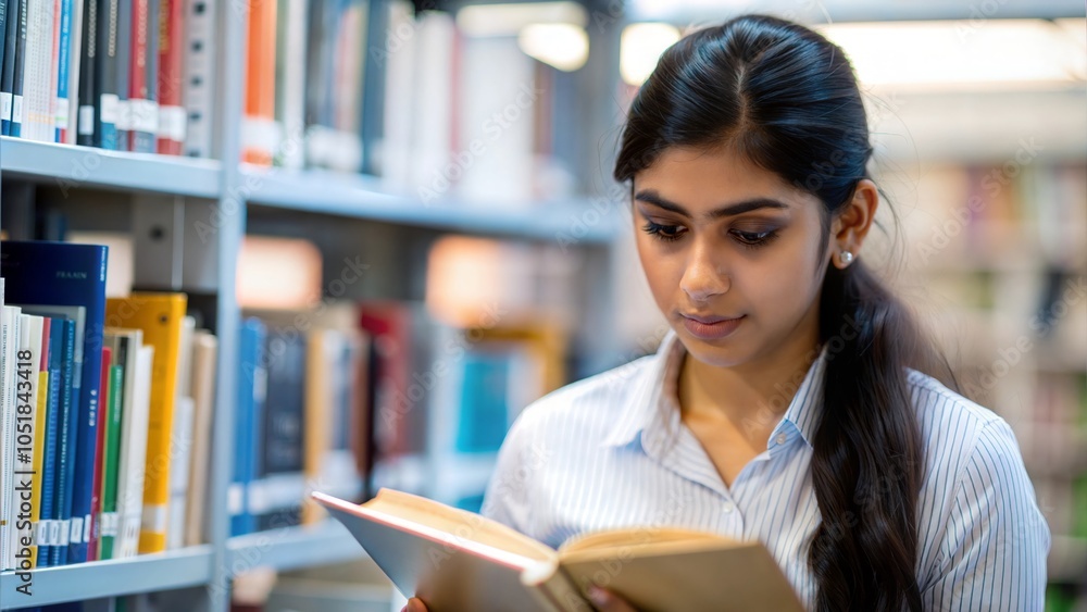 An Indian student conducting research in a library, with a softly blurred shelf backdrop.
An Indian student conducting research in a library, with a softly blurred shelf backdrop.