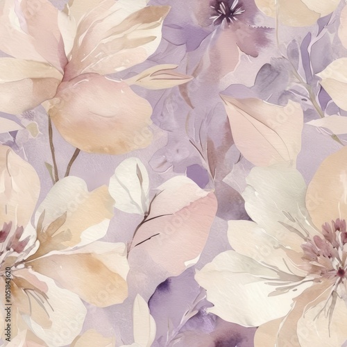 Seamless floral pattern featuring delicate watercolor flowers in light pink and beige tones.