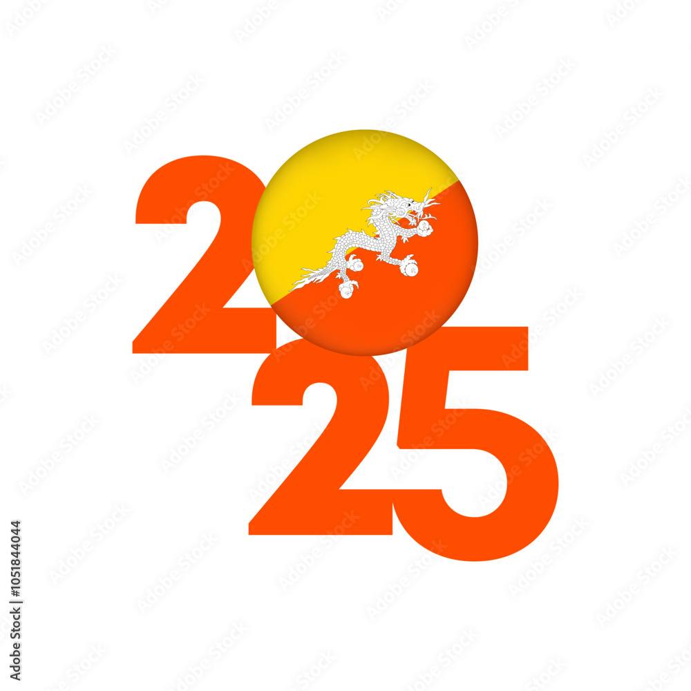 2025 banner with Bhutan flag inside. Vector illustration.