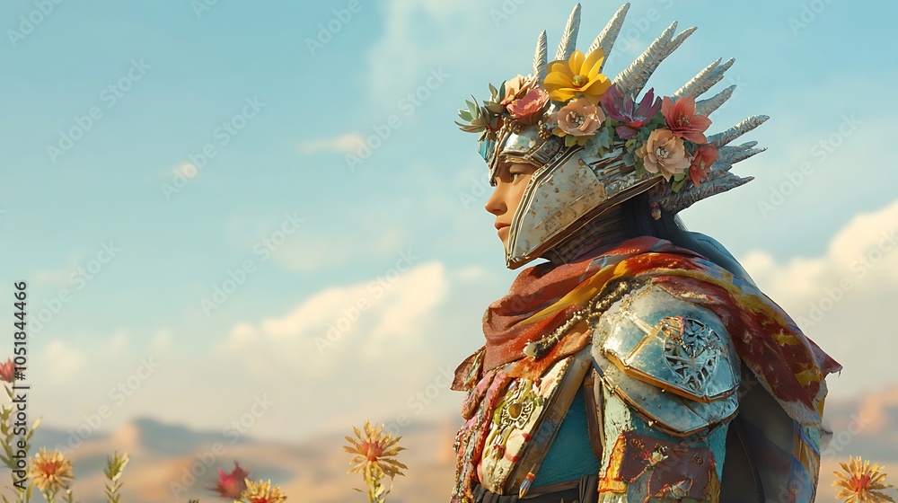 Fototapeta premium Warrior Woman with Flower Crown in a Desert Landscape.